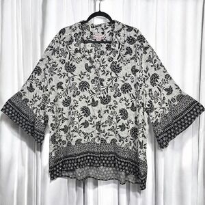 Allison Daley Blouse Woman 3X Black White Floral Button Up 3/4 Bell Sleeve Tunic